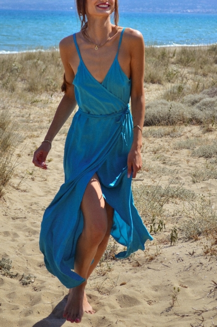 Midi wrap φόρεμα σε sea blue απόχρωση