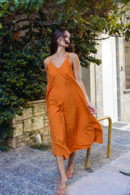 Midi φόρεμα σε πορτοκαλί απόχρωση