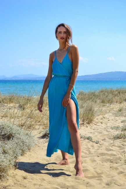 Midi wrap φόρεμα σε sea blue απόχρωση