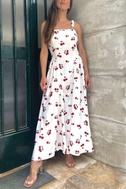 Midi cherry φόρεμα σε λευκή απόχρωση